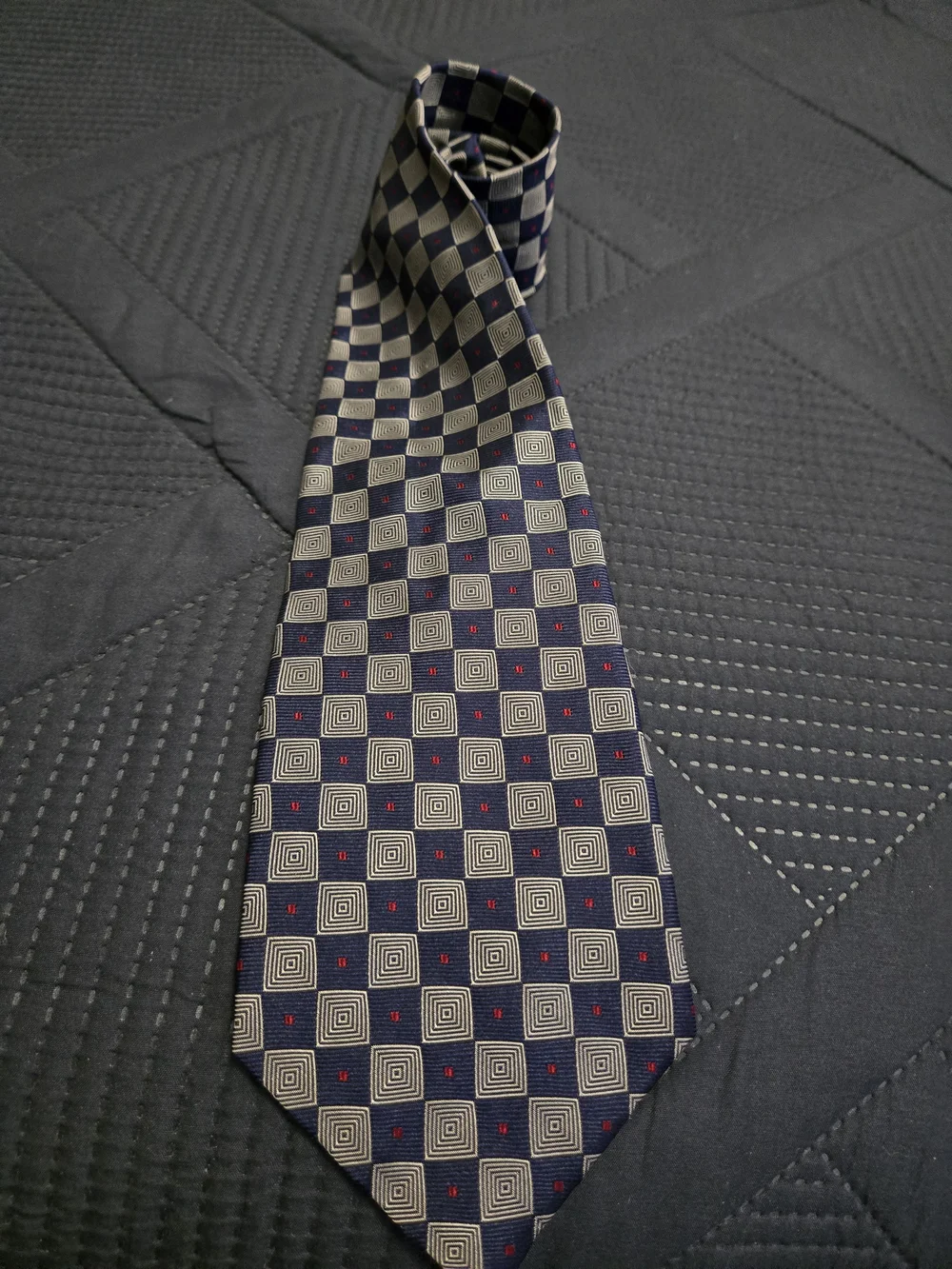 Polo By Ralph Lauren Classic Men's Navy Checker Silk Tie with Red Accents #581